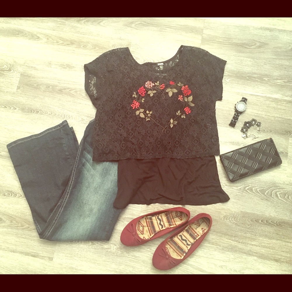 Black lace top with black tank twofer! NWT